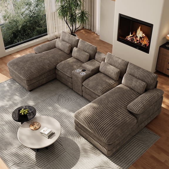 Wiilayok 133" U Shaped Cloud Couch Modular Sectional Couches for Living Room Comfy Corduroy Deep Seat Sofa Set with Double Chaise Lounge, Storage Central Console, Cup Holders, USB Port, Light Brown