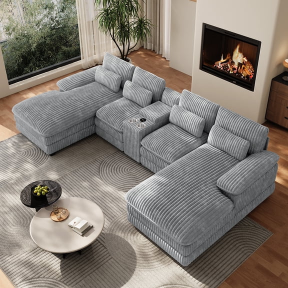 Wiilayok 133" U Shaped Cloud Couch Modular Sectional Couches for Living Room Comfy Corduroy Deep Seat Sofa Set with Double Chaise Lounge, Storage Central Console, Cup Holders, USB Port, Gray