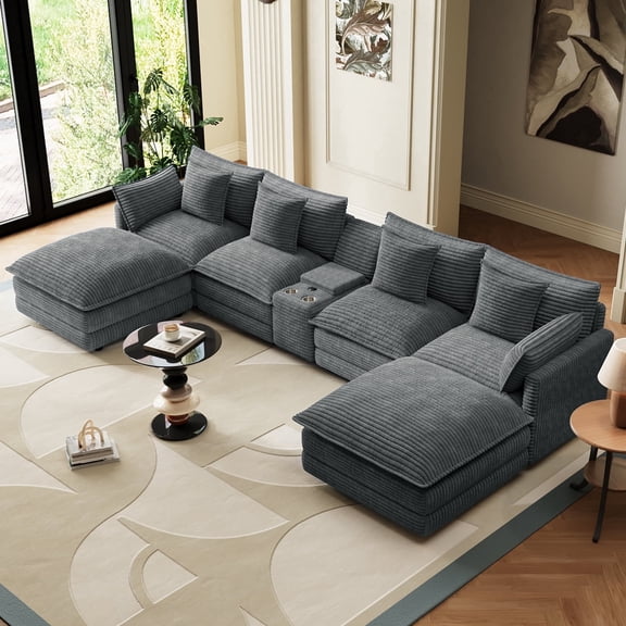 Wiilayok 143" Modular Sofa Set,Large Corduroy U Shaped Sectional Sofa with Ottoman,Central Console,Cup Holder,6 Seater Deep Seat Couch for Living Room Furniture,Gray