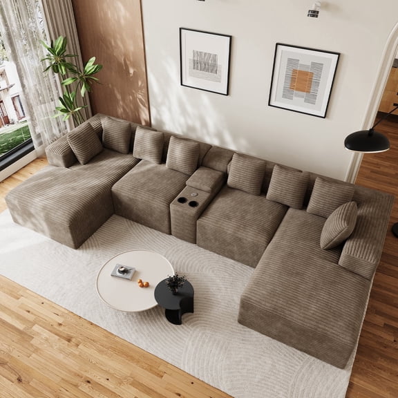 Wiilayok 143" U Shaped Sectional Sofa Set with Deep Seat Chaise,Central Console,Cup Holder,Corduroy Modular Cloud Sofa Couch for Living Room,Brown