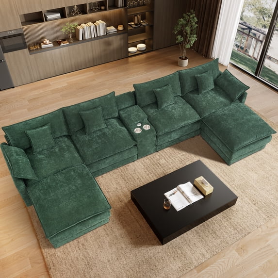 Wiilayok 145" U Shaped Sectional Sofa,Chenille Cloud Modular Sectional Sofa Couch Set with Double Chaise,Central Console,Cup Holder for Living Room,Green