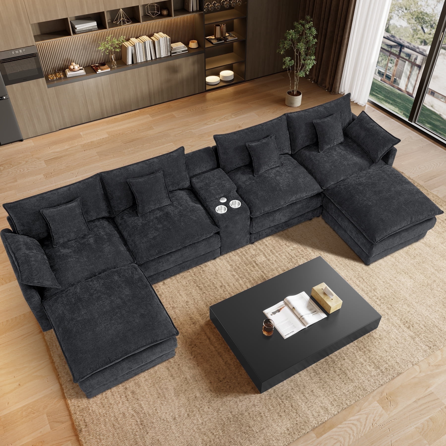Wiilayok 145" U Shaped Sectional Sofa,Chenille Cloud Modular Sectional Sofa Couch Set with Double Chaise,Central Console,Cup Holder for Living Room,Black