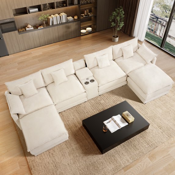 Wiilayok 145" U Shaped Sectional Sofa,Chenille Cloud Modular Sectional Sofa Couch Set with Double Chaise,Central Console,Cup Holder for Living Room,Beige