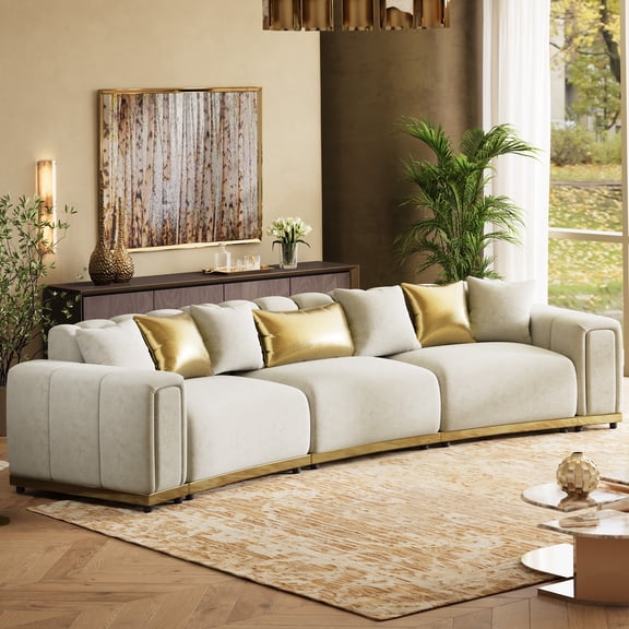 Wiilayok 145" Large Velvet Modular Sofa,Oversize Curved Chesterfield Sectional Sofa Couch with Gold Accents, Luxury Mid-Century Classic 6 Seater Sofa for Living Room,Beige