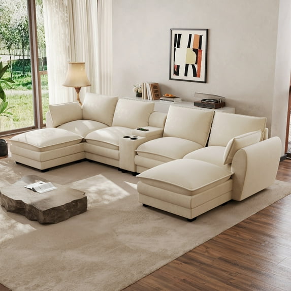 Wiilayok 145" U Shaped Cloud Couch Modular Sectional Sofa for Living Room,Modern Chenille Deep Seat Modular Couch with two Movable Ottoman,Central Console w/ Dual USB Ports,Cup Holder,Beige