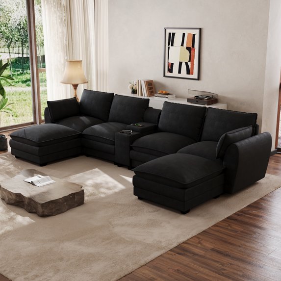 Wiilayok 145" U Shaped Cloud Couch Modular Sectional Sofa for Living Room,Modern Chenille Deep Seat Modular Couch with two Movable Ottoman,Central Console w/ Dual USB Ports,Cup Holder,Black
