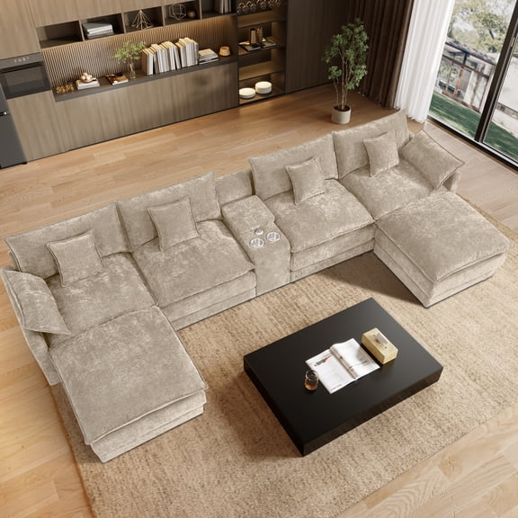 Wiilayok 145" U Shaped Sectional Sofa,Chenille Cloud Modular Sectional Sofa Couch Set with Double Chaise,Central Console,Cup Holder for Living Room,Brown