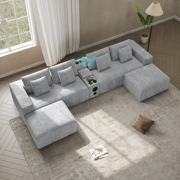 Wiilayok 151" U-Shaped Sofa with Multi-functional Console (including Bluetooth Speaker, Charging, Storage, etc.), Two movable Ottoman, Comfortable Corduroy Fabric, Suitable for Living Room, Gray