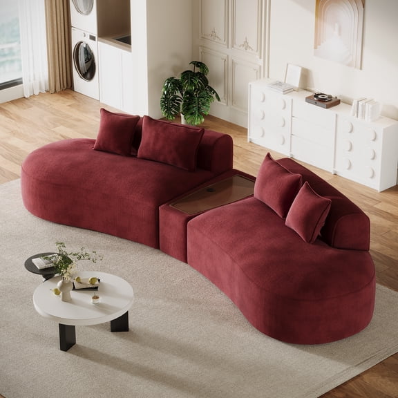 Wiilayok 153" Chenille Modular Cloud Couch,Curved Sofa with Center Table,USB Ports,Upholstered Deep Seat Sectional Sofa Couch for Living Room Furniture,Red