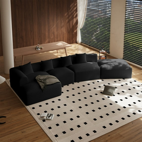 Wiilayok 158" Cloud Sectional Couch with L-Shape Chaise,Corduroy Fabric Modern Modular Sofa, Oversized Boneless Upholstered Couches for Living Room Bedroom, No Assembly Required, Black