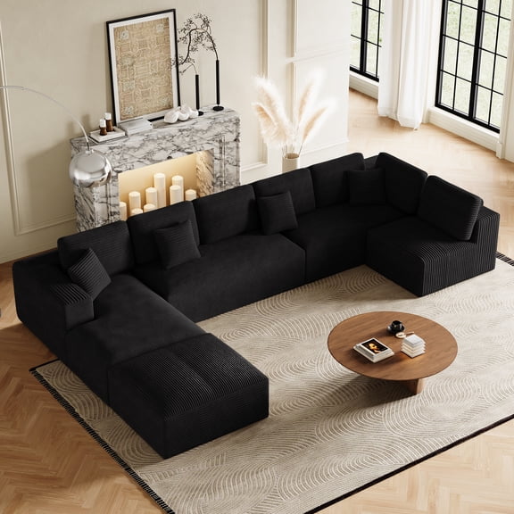 Wiilayok 177" U-Shaped Oversized Cloud Sofa Set,Modern Modular Sofa with Deep Seat,8-Seat Boneless Upholstered Compressed Couches for Living Room,Plush Corduroy Fabric ( Black )