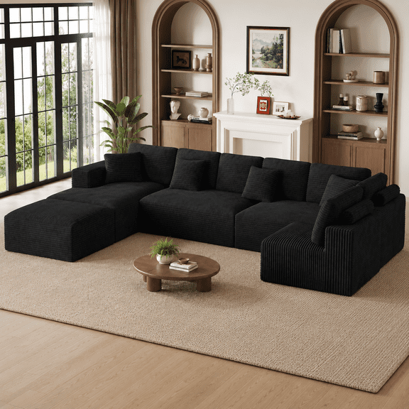 Wiilayok 177" Oversized Modular U Shaped Sectional Sofa, 8 Seat Deep Seat Corduroy Cloud Couch with Chaise & Ottoman, Luxury Family Lounge Couch for Living Room, Black