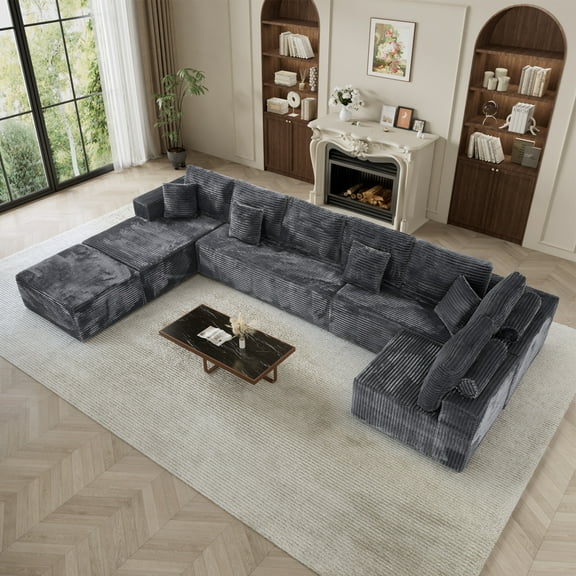 Wiilayok 177" U-Shaped Oversized Cloud Sofa Set,Modern Modular Sofa with Deep Seat,8-Seat Boneless Upholstered Compressed Couches for Living Room,Plush Corduroy Fabric ( Dark Gray )