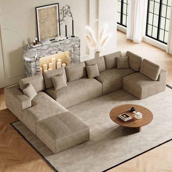 Wiilayok 177" U-Shaped Oversized Cloud Sofa Set,Modern Modular Sofa with Deep Seat,8-Seat Boneless Upholstered Compressed Couches for Living Room,Plush Corduroy Fabric ( Light Brown )