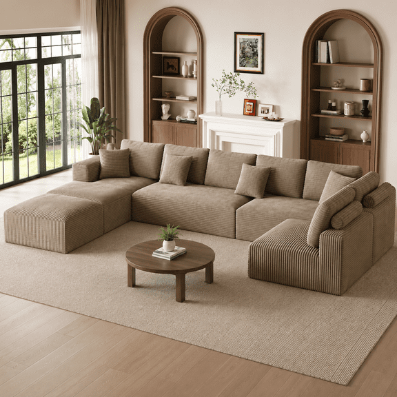 Wiilayok 177" Oversized Modular U Shaped Sectional Sofa, 8 Seat Deep Seat Corduroy Cloud Couch with Chaise & Ottoman, Luxury Family Lounge Couch for Living Room, Light Brown