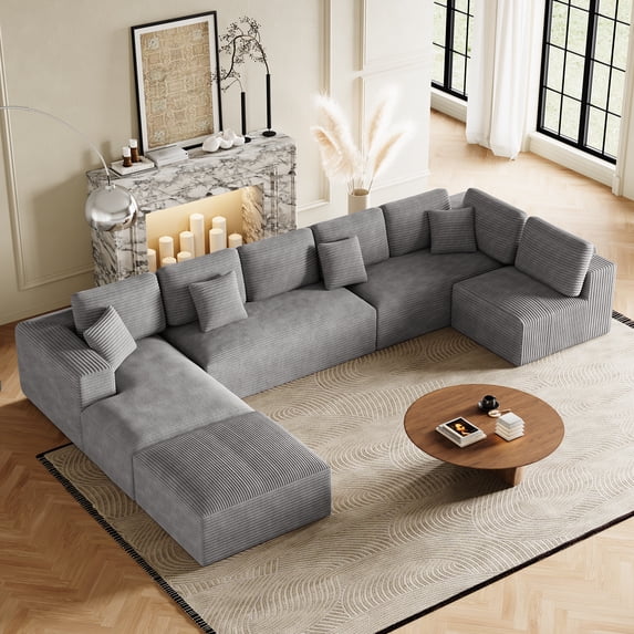 Wiilayok 177" U-Shaped Oversized Cloud Sofa Set,Modern Modular Sofa with Deep Seat,8-Seat Boneless Upholstered Compressed Couches for Living Room,Plush Corduroy Fabric ( Gray )