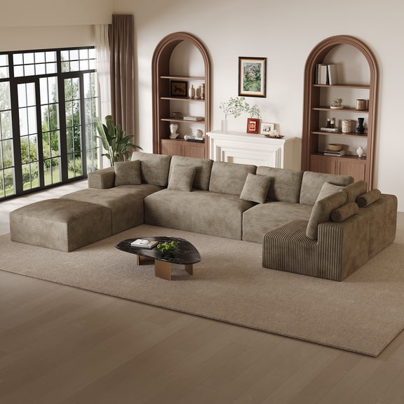 Wiilayok 177" Oversized Modular U Shaped Sectional Sofa, 8 Seat Deep Seat Corduroy Cloud Couch with Chaise & Ottoman, Luxury Family Lounge Couch for Living Room, Light Brown