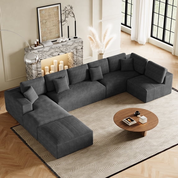 Willayok 177" U-Shaped Modular Sectional Sofa, 8-Seater Oversized Deep Seat Couch, Plush Corduroy Fabric, Compressed Boneless Upholstery, Modern Living Room Furniture, Dark Gray