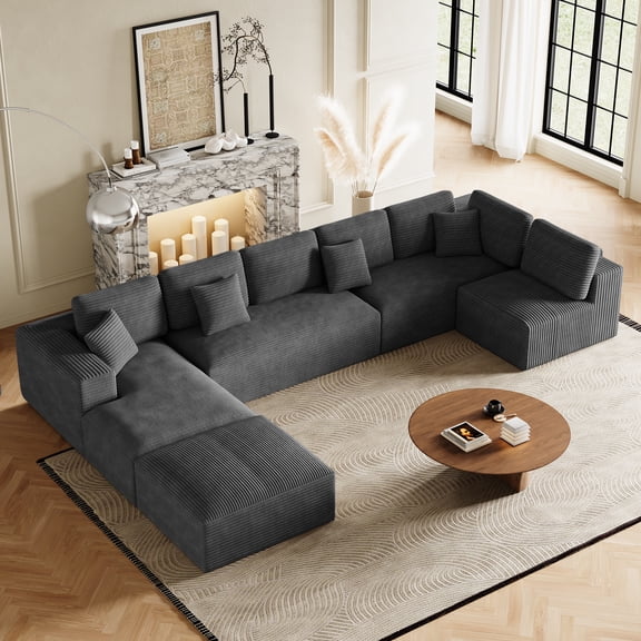 Wiilayok 177" U-Shaped Oversized Cloud Sofa Set,Modern Modular Sofa with Deep Seat,8-Seat Boneless Upholstered Compressed Couches for Living Room,Plush Corduroy Fabric ( Dark Gray )