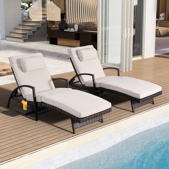 Wiilayok 2 Piece Outdoor Wicker Chaise Lounge Set, Adjustable Pool Recliner Chairs with Beige Cushions and Built-in Side Table for Patio Backyard Poolside
