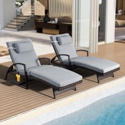 Wiilayok 2 Piece Outdoor Wicker Chaise Lounge Set, Adjustable Pool Recliner Chairs with Gray Cushions and Built-in Side Table for Patio Backyard Poolside