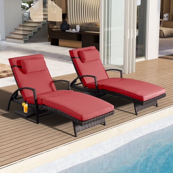 Wiilayok 2 Piece Outdoor Wicker Chaise Lounge Set, Adjustable Pool Recliner Chairs with Red Cushions and Built-in Side Table for Patio Backyard Poolside
