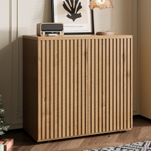 Wiilayok 31.5" Fluted Buffet Sideboard Cabinet with Unique Pop-up Doors & Adjustable Shelves, Modern Console Storage for Living Room, Dining Room, Kitchen, Hallway (Oak)