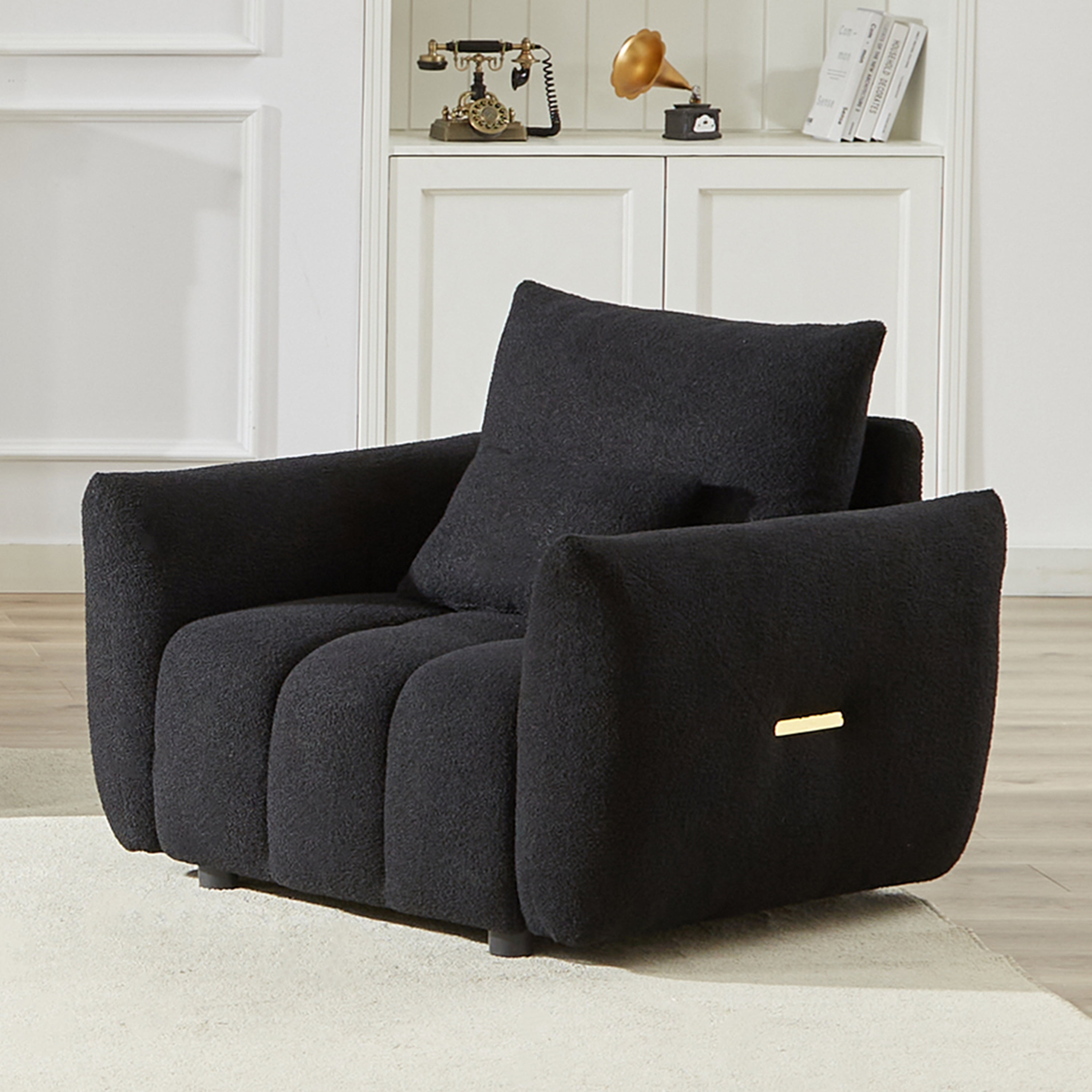 Wiilayok 33.5"D x 37.75"W Teddy Cloud Sofa Couch, Comfy Upholstered Sherpa Deep Seat Boucle Sofa, Cozy Modern Single Couch with 1 Pillows, Loveseat for Living Room Apartment Office, Black