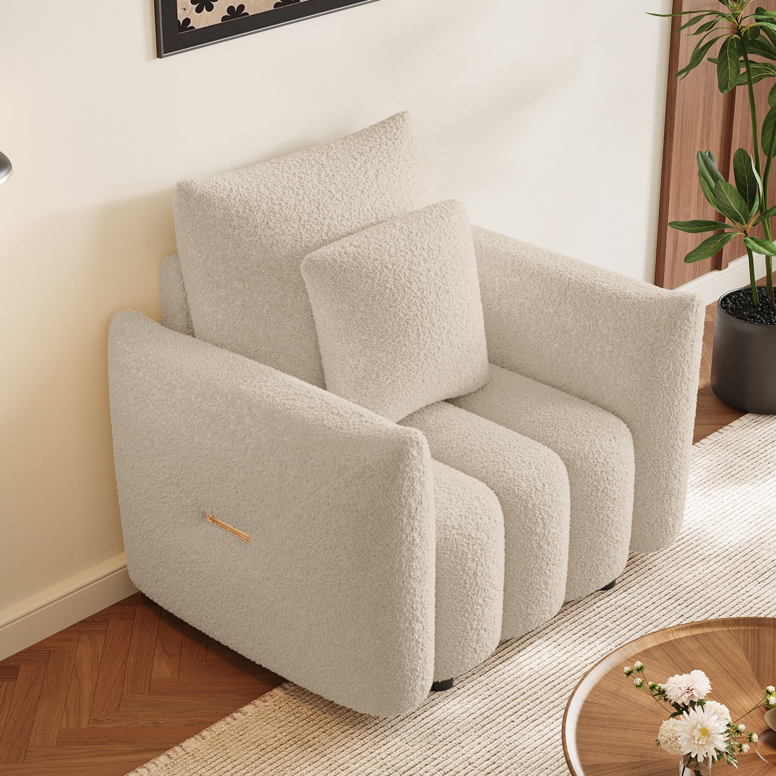 Wiilayok 33.5"D x 37.75"W Teddy Cloud Sofa Couch, Comfy Upholstered Sherpa Deep Seat Boucle Sofa, Cozy Modern Single Couch with 1 Pillows, Loveseat for Living Room Apartment Office, Brown