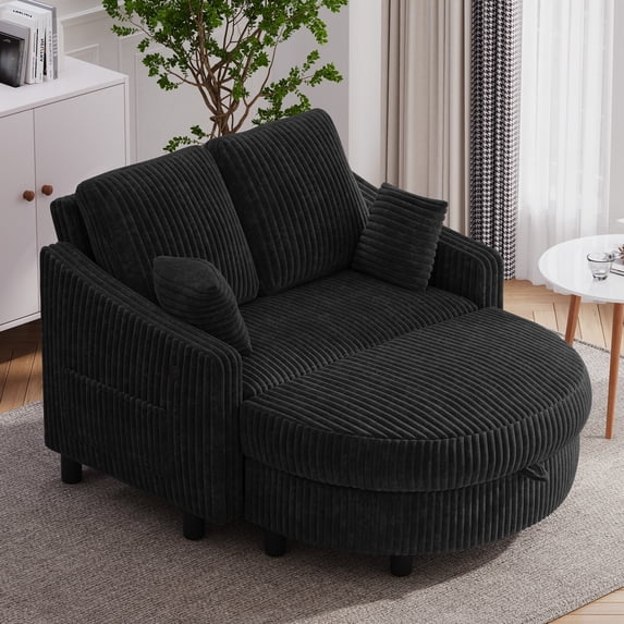 Wiilayok 49.8" Corduroy Convertible Loveseat Sofa Bed with Storage Ottoman, 3-Position Backrest, USB & Type-C Ports, Side Pockets for Small Spaces, Black