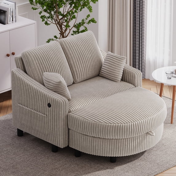 Wiilayok 49.8" Corduroy Convertible Loveseat Sofa Bed with Storage Ottoman, 3-Position Backrest, USB & Type-C Ports, Side Pockets for Small Spaces, Camel