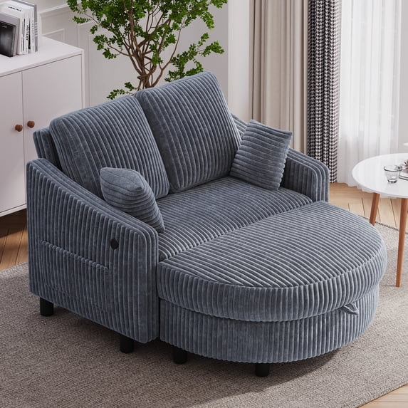 Wiilayok 49.8" Corduroy Convertible Loveseat Sofa Bed with Storage Ottoman, 3-Position Backrest, USB & Type-C Ports, Side Pockets for Small Spaces, Dark Gray