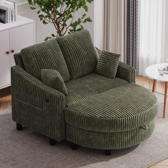 Wiilayok 49.8" Corduroy Convertible Loveseat Sofa Bed with Storage Ottoman, 3-Position Backrest, USB & Type-C Ports, Side Pockets for Small Spaces, Olive Green