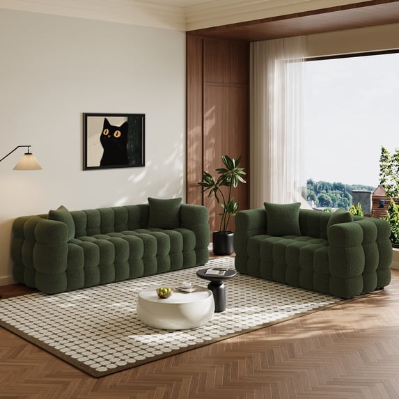 Wiilayok 59.1"+80.3" Modern Tufted Upholstered 2 & 3 Seater Sofa Set with 4 Pillows, Comfy Sherpa Deep Seat Cloud Couch, Loveseat for Living Room Apartment, Olive Green