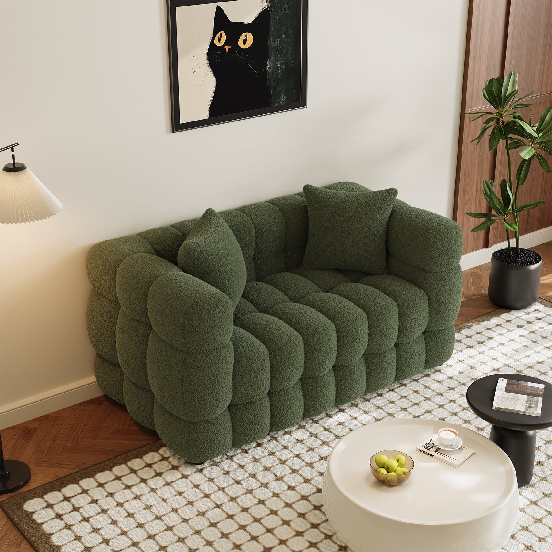 Wiilayok 59.1" Modern Tufted Upholstered 2 Seater Loveseat Sofa with 2 Pillows，Comfy Sherpa Deep Seat Cloud Couch, Small Love Seat for Living Room Apartment, Olive Green