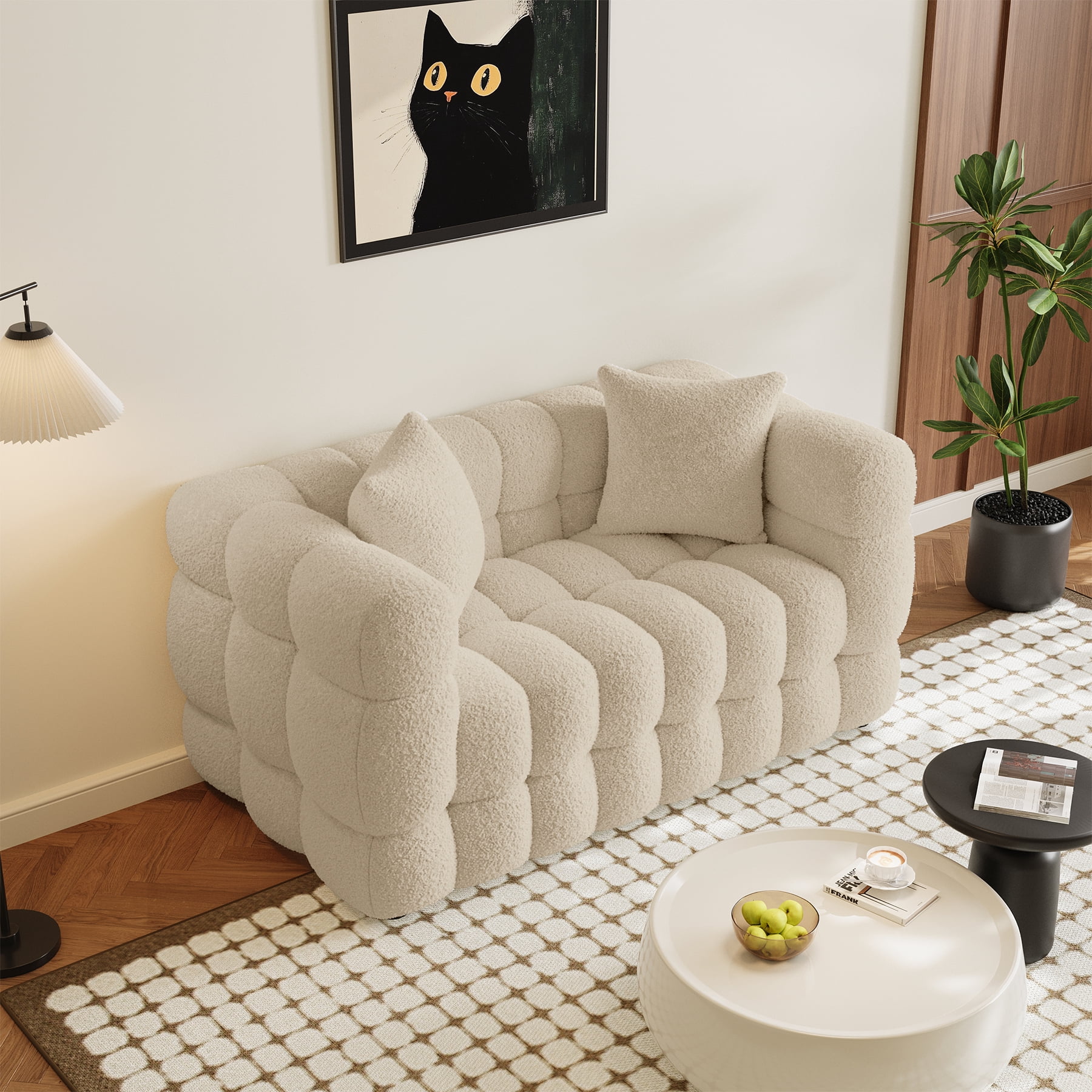Wiilayok 59.1" Modern Tufted Upholstered 2 Seater Loveseat Sofa with 2 Pillows，Comfy Sherpa Deep Seat Cloud Couch, Small Love Seat for Living Room Apartment, Light Brown