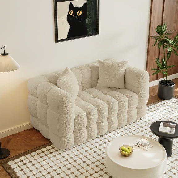 Wiilayok 59.1" Modern Tufted Upholstered Teddy 2 Seater Loveseat Sofa with 2 Pillows,Comfy Sherpa Deep Seat Cloud Couch, Small Love Seat for Living Room Apartment, Light Brown