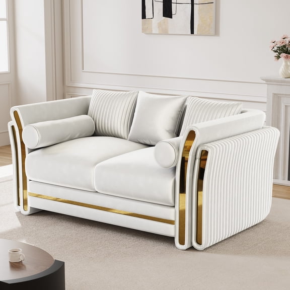 Wiilayok 62" Luxury Velvet Chesterfield Loveseat, Mid Century Modern 2 Seat Couch with Thick Backrest, Gold Stainless Steel Trim, Beige and Gold for Living Room Office