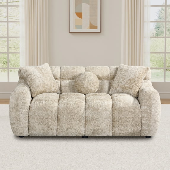 Wiilayok 64.7" Modern Tufted Upholstered Fluffy Chenille 2 Seater Loveseat Sofa with 3 Pillows,Comfy Sherpa Deep Seat Cloud Couch, Small Love Seat for Living Room Apartment, Light Brown
