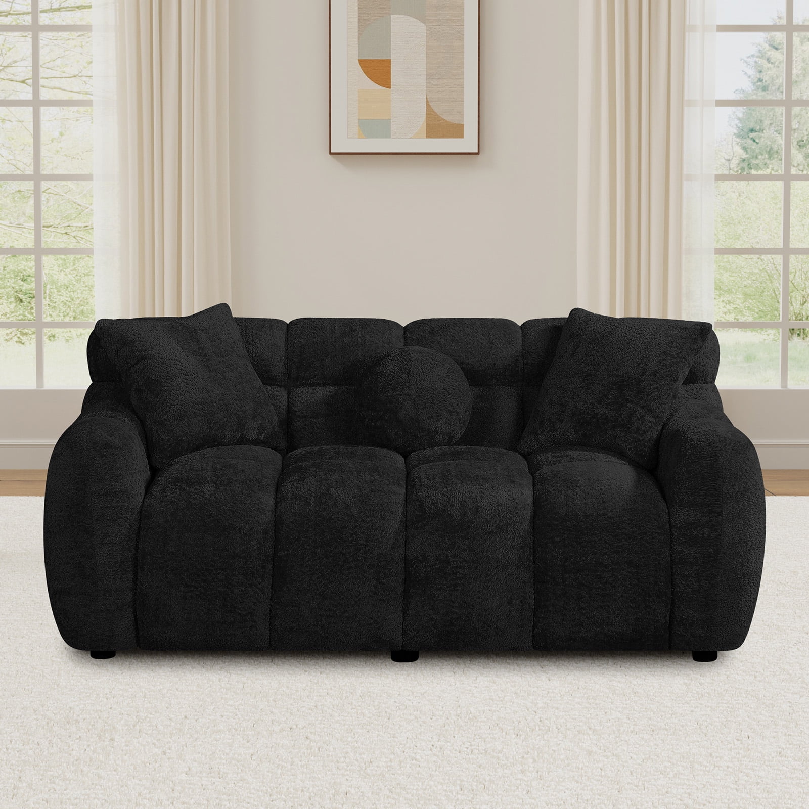 Wiilayok 64.7" Modern Tufted Upholstered Fluffy Chenille 2 Seater Loveseat Sofa with 3 Pillows，Comfy Sherpa Deep Seat Cloud Couch, Small Love Seat for Living Room Apartment, Black