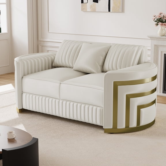 Wiilayok 65" Luxury Velvet Chesterfield Loveseat, Mid Century Modern 2 Seat with Thick Backrest, Gold Stainless Steel Trim, Crescent Moon Armrest, Beige and Gold for Living Room