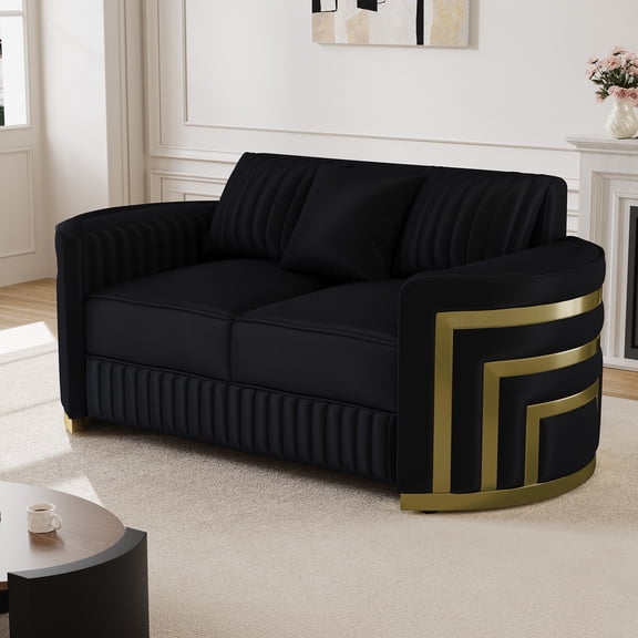 Wiilayok 65" Luxury Velvet Chesterfield Loveseat, Mid Century Modern 2 Seat with Thick Backrest, Gold Stainless Steel Trim, Crescent Moon Armrest, Black and Gold for Living Room