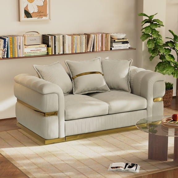 Wiilayok 66.5" Velvet Loveseat with Art Deco-Inspired Gold-Tone Accents, Modern Luxury Deep Seat Sofa with Wide Arms for Living Room, Beige