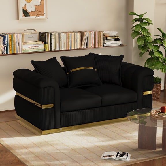 Wiilayok 66.5" Velvet Loveseat with Art Deco-Inspired Gold-Tone Accents, Modern Luxury Deep Seat Sofa with Wide Arms for Living Room, Black