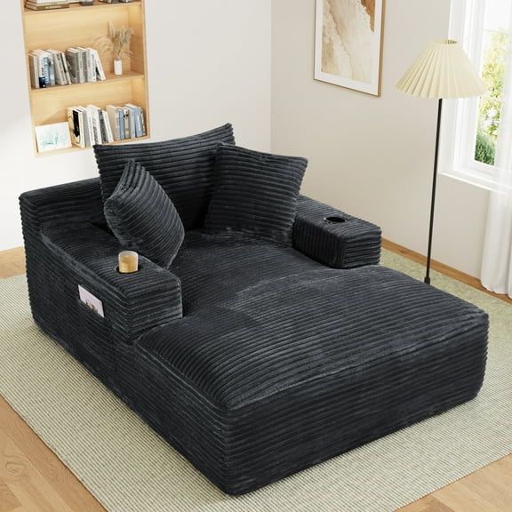 Wiilayok 68.1"D x 50"W Oversized Boneless Chaise Lounge Chair with Cup Holder,High Density Sponge with Super Strong Rebound,Corduroy Cloud Sofas Couches for Living Room, No Assembly ( Dark Gray )