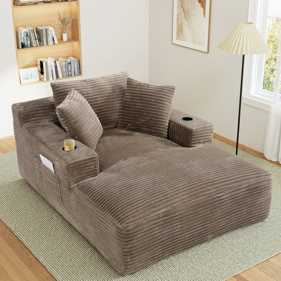Wiilayok 68.1"D x 50"W Oversized Boneless Chaise Lounge Chair with Cup Holder,High Density Sponge with Super Strong Rebound,Corduroy Cloud Sofas Couches for Living Room, No Assembly ( Light Brown )