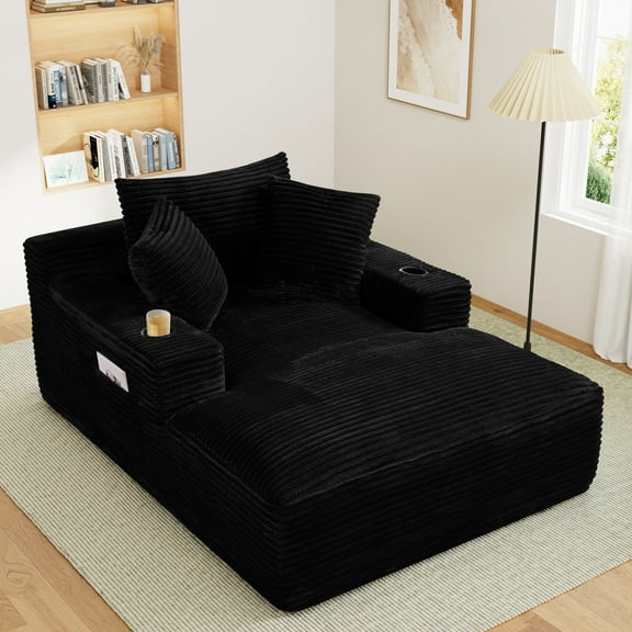 Wiilayok 68.1"D x 50"W Oversized Boneless Chaise Lounge Chair with Cup Holder,High Density Sponge with Super Strong Rebound，Corduroy Cloud Sofas Couches for Living Room, No Assembly ( Black )