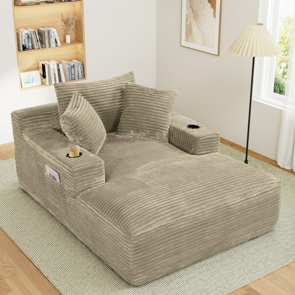 Wiilayok 68.1"D x 50"W Oversized Boneless Chaise Lounge Chair with Cup Holder,High Density Sponge with Super Strong Rebound，Corduroy Cloud Sofas Couches for Living Room, No Assembly ( Light Camel )