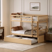 Wiilayok 77.9"x 57"Wood Full over Full Bunk Bed with Trundle,Convertible to 2 Full Size Platform Bed, Full Size Bunk Bed with Ladder and Safety Rails for Teens,Adult,Natural Wood