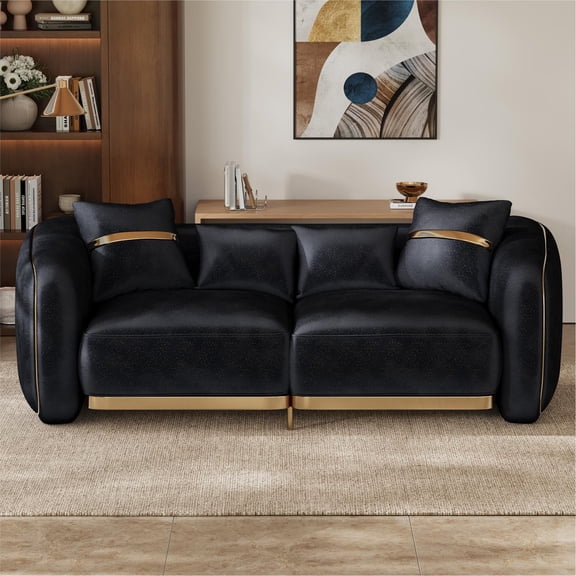 Wiilayok 78.8" Luxury Velvet 3 Seater Sofa, Modern Chesterfield Deep Seat Sofa Couch with Golden Steel Legs for Living Room, Black